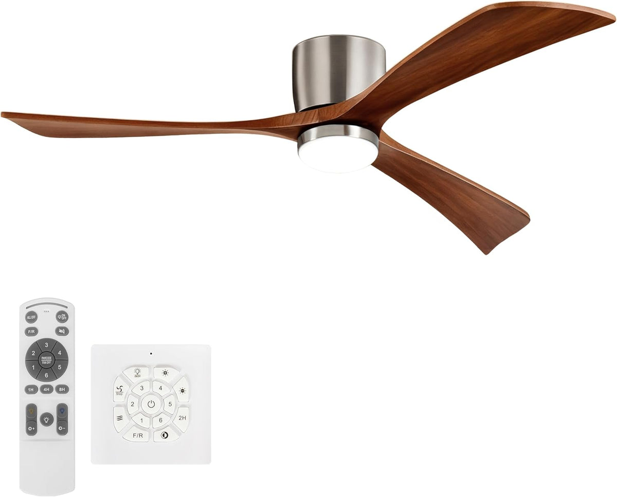 52" Modern Flush Mount Ceiling Fan with Light, 3 Wood Blades, Brushed Nickel, Dimmable LED, Remote