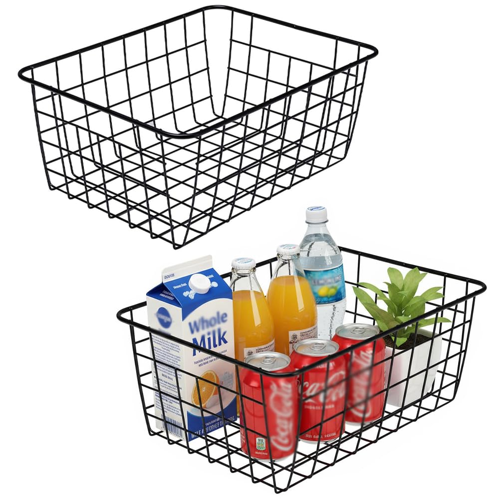 Wire Baskets with Handles Wire Storage Organizer Bin Baskets, Pantry, Closets, Bedrooms - Set of 2(Black)