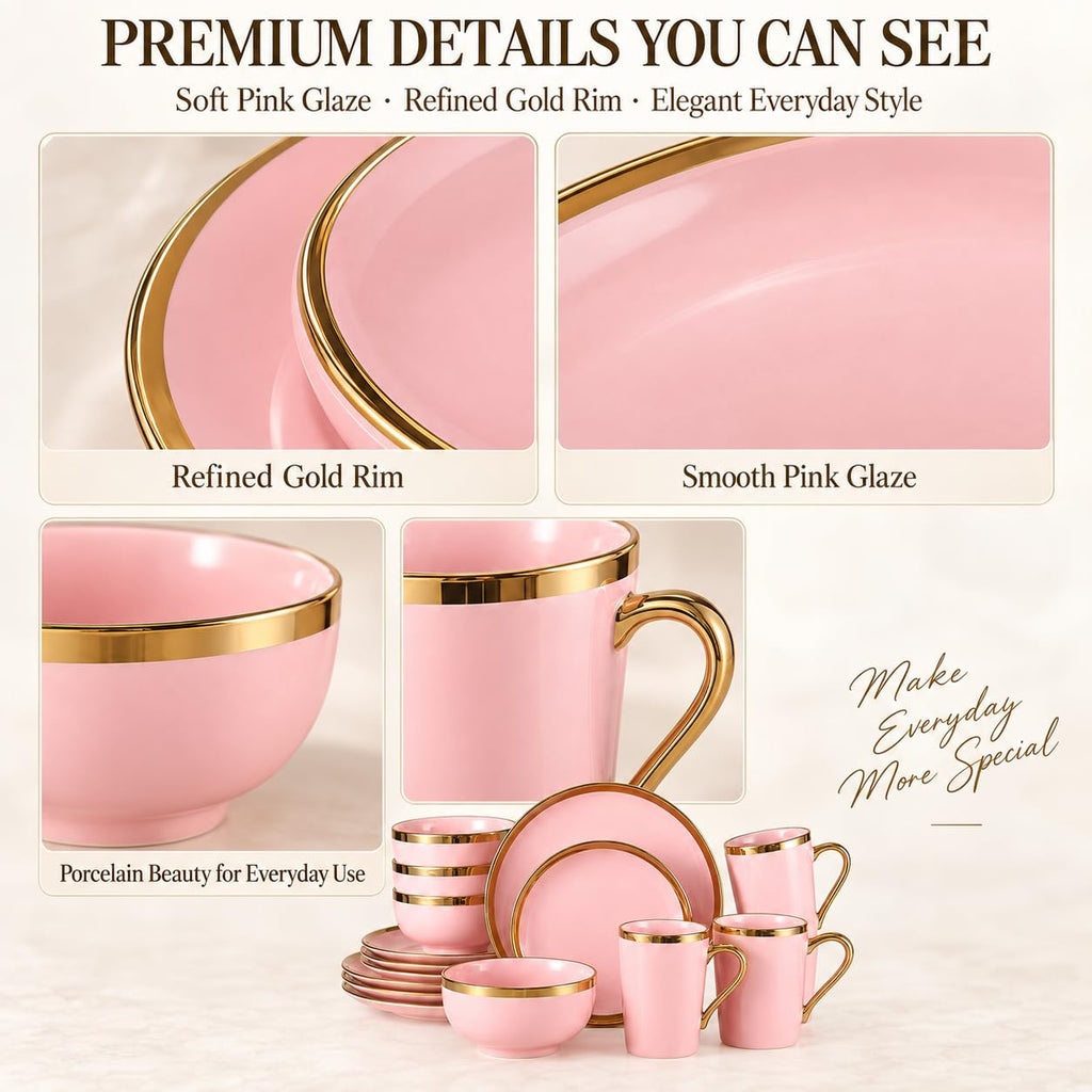 Pink and Gold Dinnerware Set for 4, 16-Piece Porcelain Gold Rim