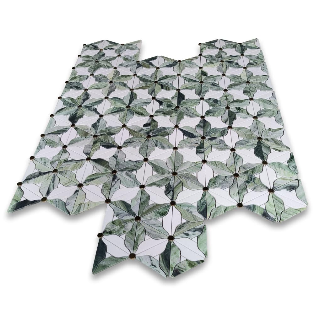 Thassos White Sagano Vibrant Green Marble Lily Bouquet Flower Leaf Mosaic Tile w/Brass Pistil Honed Kitchen Bath Wall