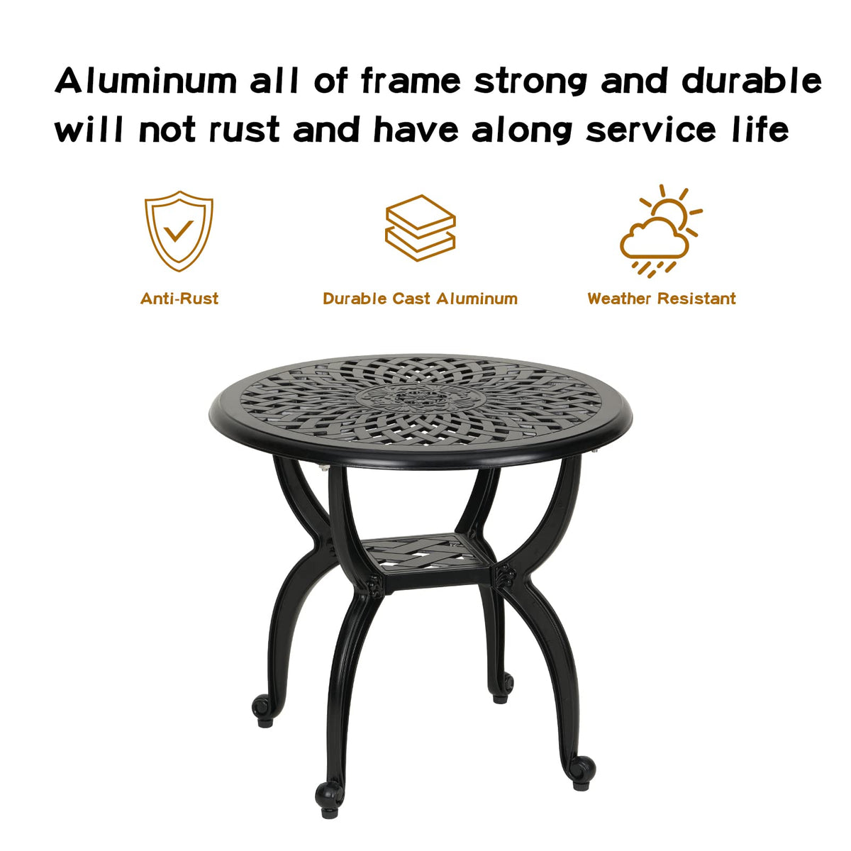 Cast Aluminum Side/End Table, Anti-Rust Coffee Bistro Table for Outdoor, Patio, Indoor, Garden, Porch, Balcony (Round