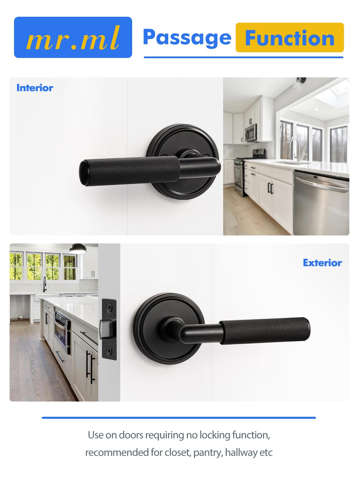 Knurled Door Lever Black Passage Door Handle, 1 Pack