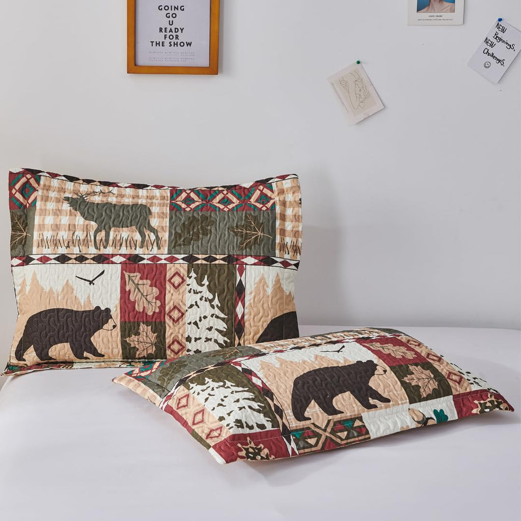 3 Pcs Reversible Rustic Quilt Set Size Moose Bear Bedspread Lodge Bedding Plaid Themed Cabin Coverlet