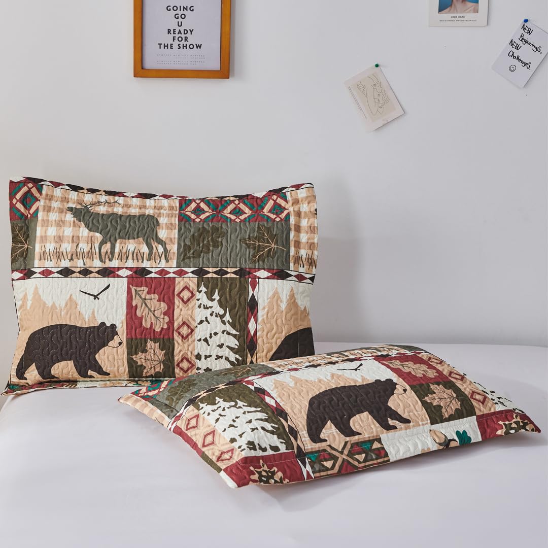 3 Pcs Reversible Rustic Quilt Set Size Moose Bear Bedspread Lodge Bedding Plaid Themed Cabin Coverlet