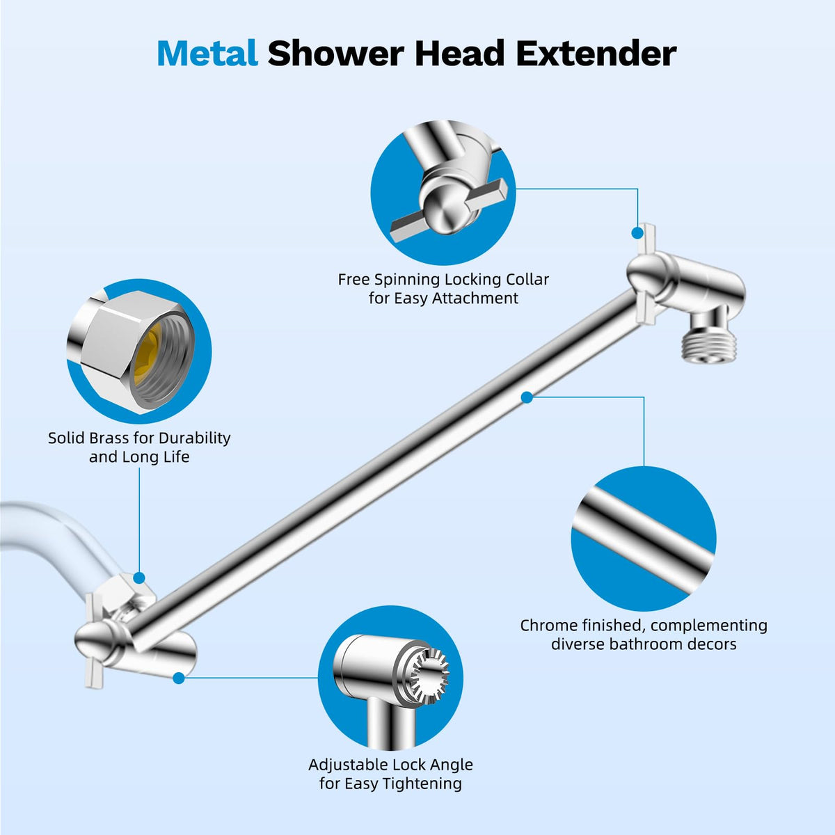 All Metal 11" Shower Head Extension Arm, Adjustable Shower Head Extender