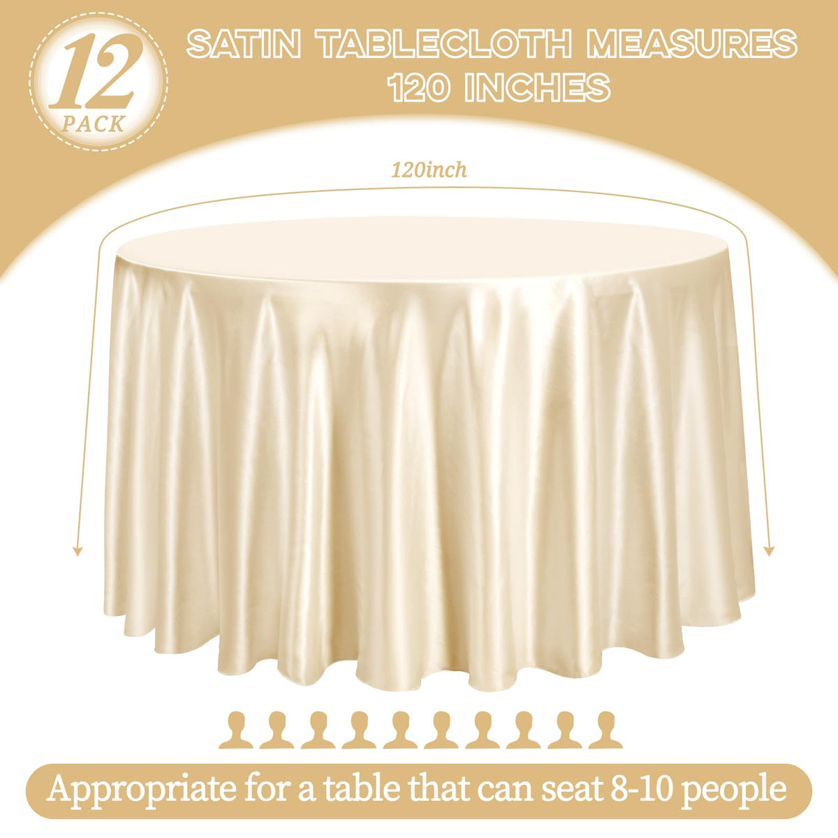 Champagne Satin Tablecloth, 12 Pack 120 Inch, Round Table Cloth Silk