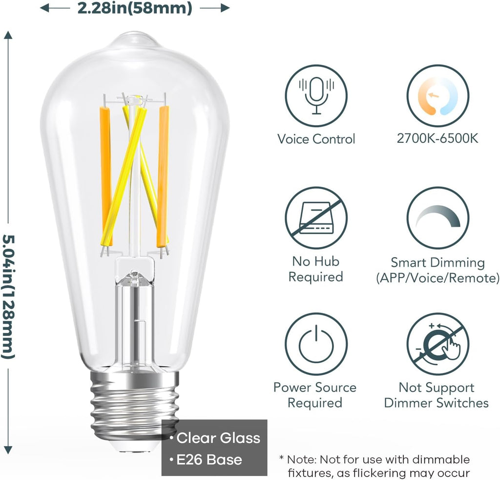 Smart Edison Bulbs, 2700K-6500K Tunable WiFi Edison Bulbs with Remote