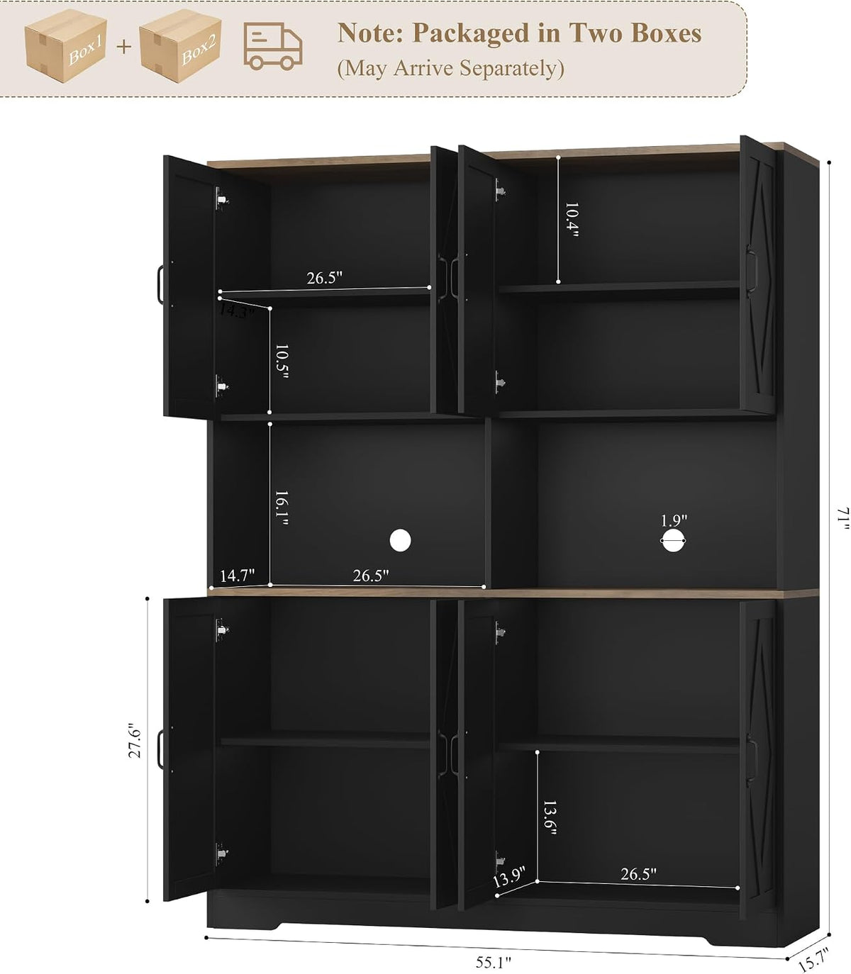 55" W Pantry Cabinet, 71" Tall Kitchen Hutch Storage Cabinet, Black