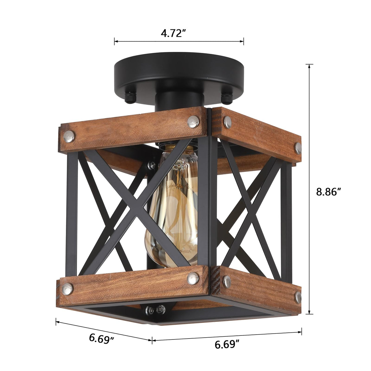 Farmhouse Wood Flush Mount Ceiling Light Fixture Oak Wood and Metal Square Cage Small Semi Flush Mount Ceiling Light