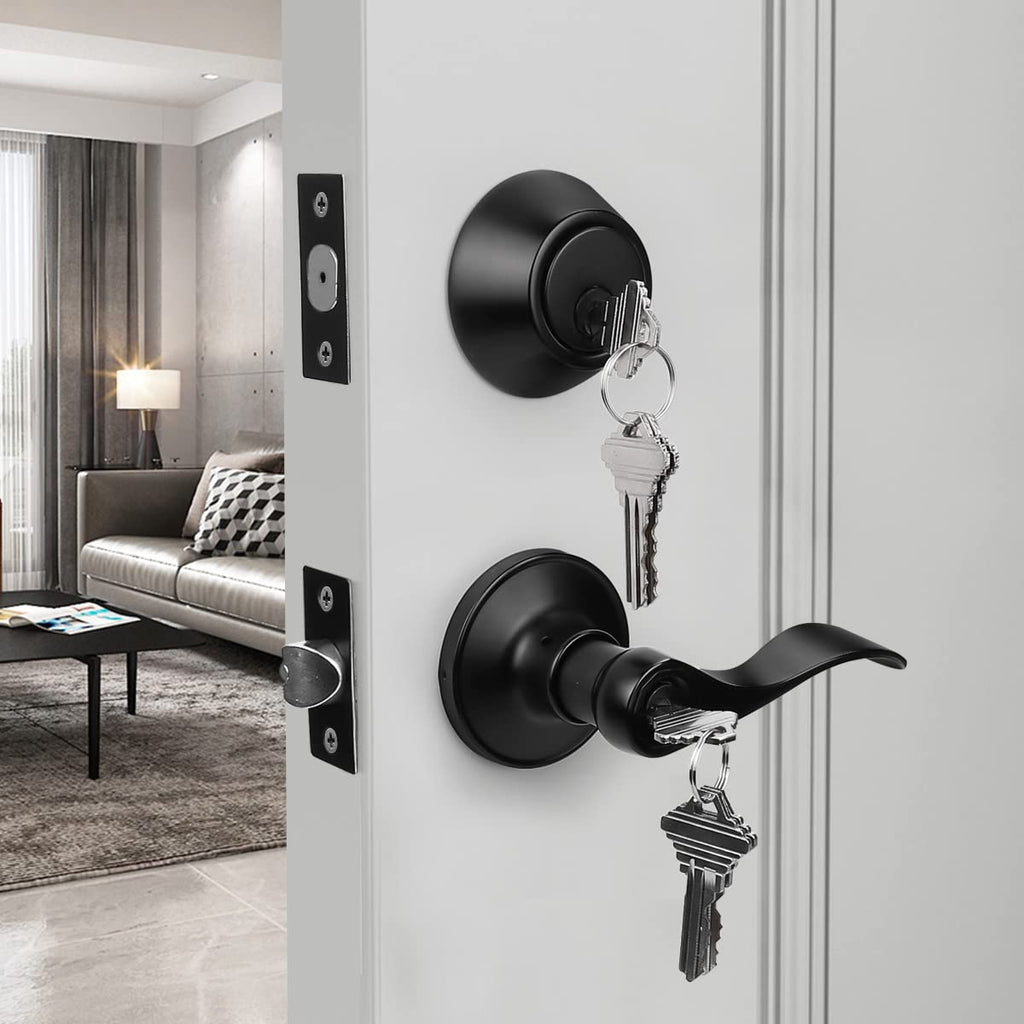 10 Sets Black Entry Levers and Single Cylinder Deadbolt Locksets with Same Key,Keyed Alike Entrance Locks,Drop/Wave