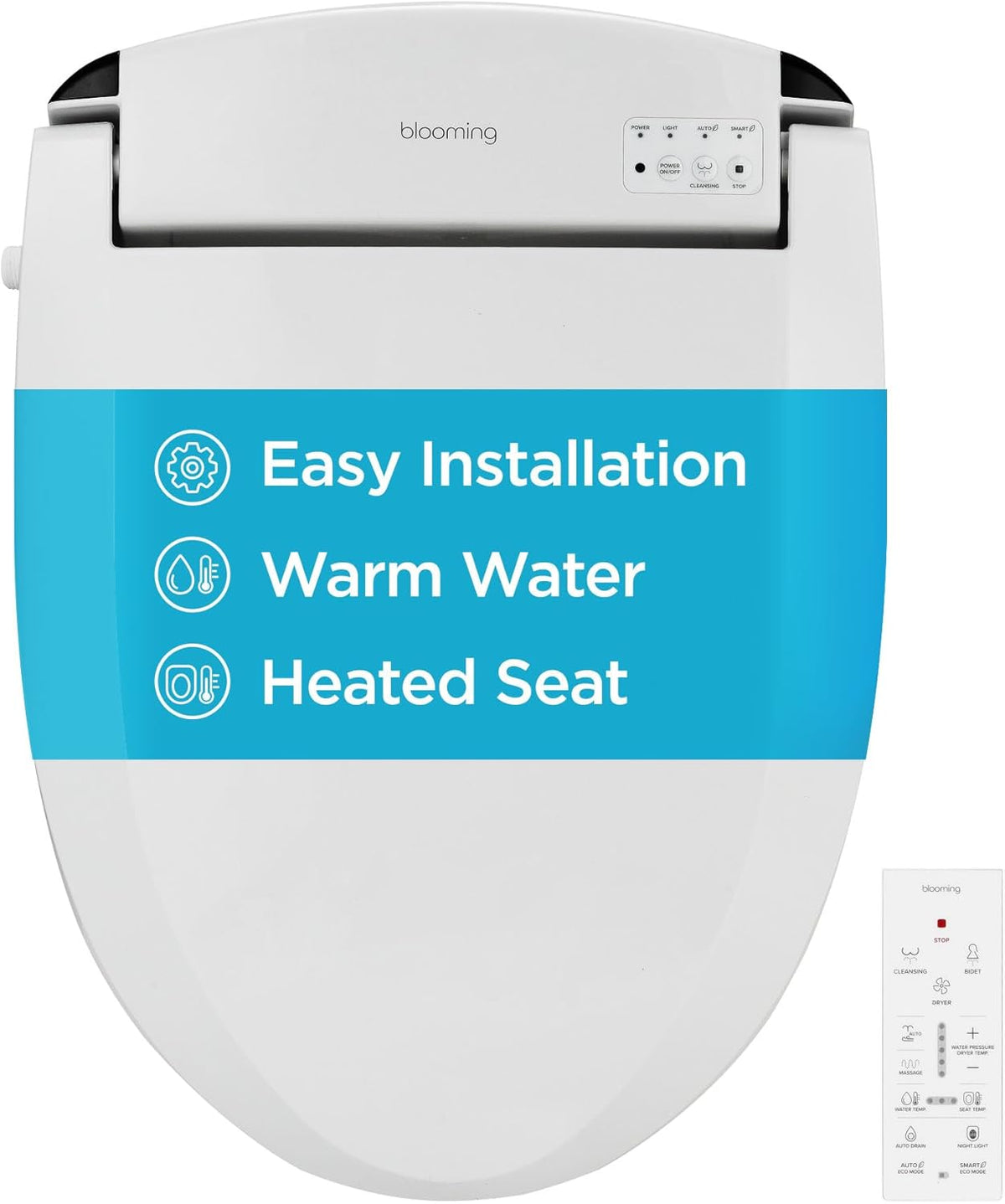 Smart Elongated Bidet Toilet Seat with Dual Nozzles, Warm Water, Air Dryer, Heated Seat, Night Light, Remote Control