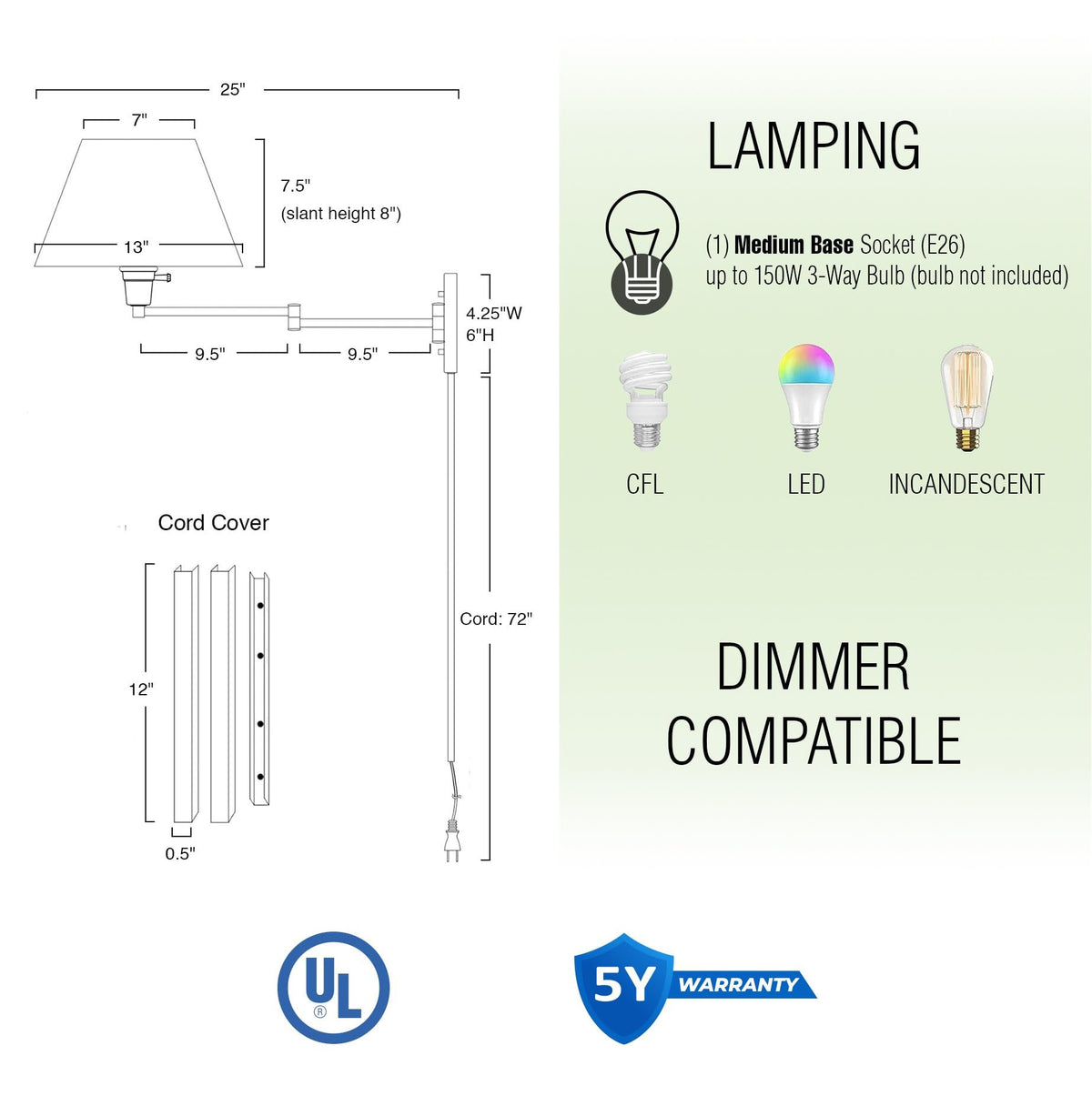 Cambridge 15" Modern Swing Arm Wall Sconce + 3-Way Switch, 2-Pack