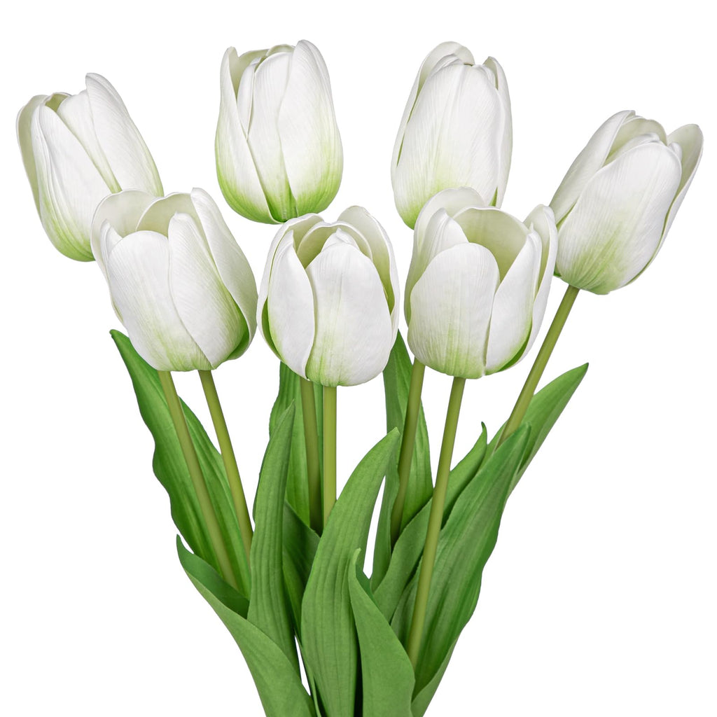 Artificial Tulips - 24" Long Stem Faux Tulips, 7PCS Real Touch Fake White Tulip for Vase, Farmhouse, Kitchen, Spring