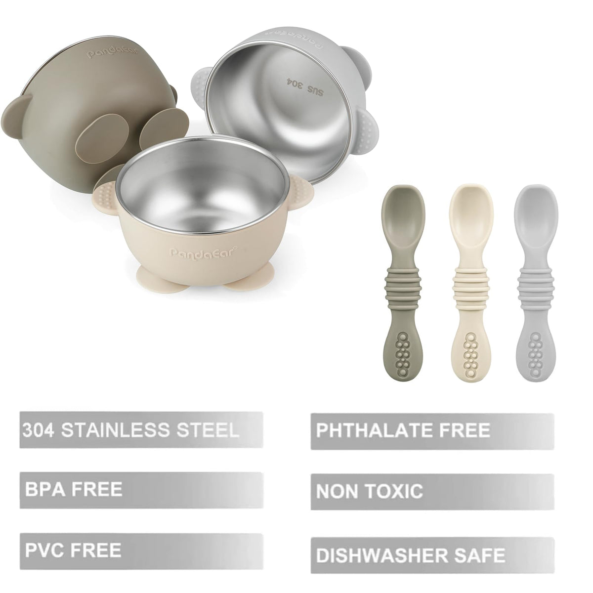 3 Pack Stainless Steel Suction Baby Bowls & 3 Baby Feeding Spoons | Non-Slip Stay Put Bowls & Soft Silicone First