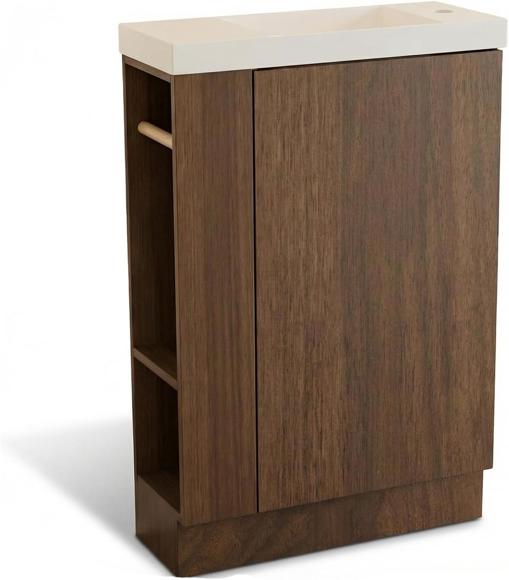 20 Inch Small Bathroom Vanity with Sink, Narrow Depth Wood Cabinet with Soft-Close Door and Adjustable Shelves, Walnut