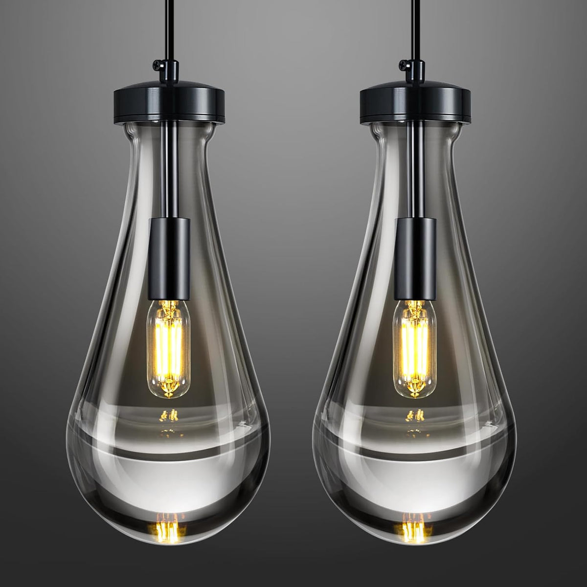 Raindrop Pendant Lights Kitchen Island Teardrop PlatingBlack Hanging Light Fixtures Clear Solid Glass Pendant Light Modern Chandeliers for Dining Room Porch Corridor Living Room(Black 2-Pack)