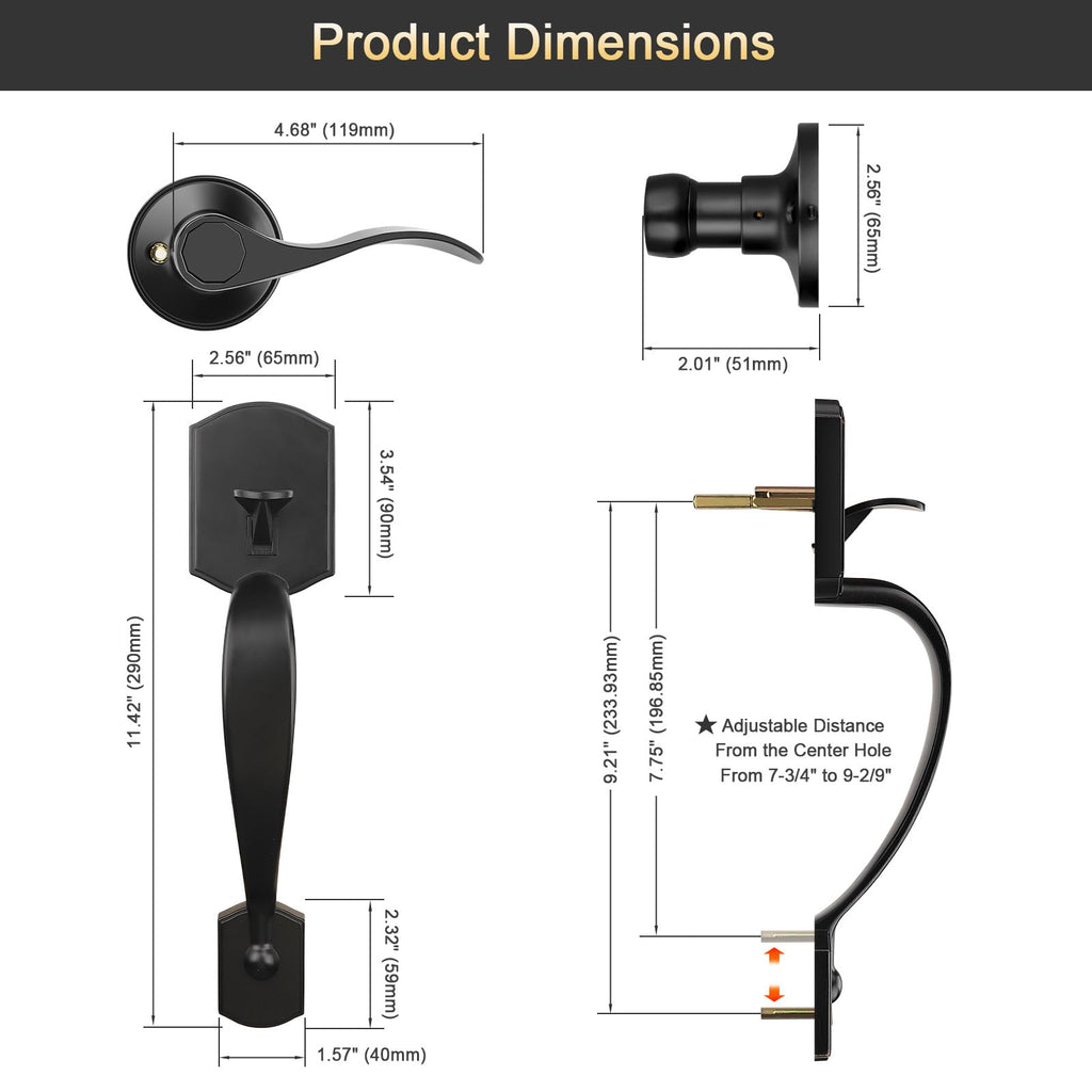 Black Front Door Handle No Lock, Exterior Door Handle, Matte Black