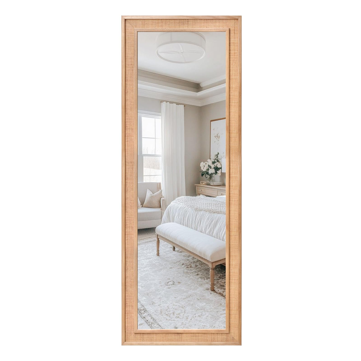 Large Rectangle Rattan Mirror 27"x67" Farmhouse Full Length Wood Mirror