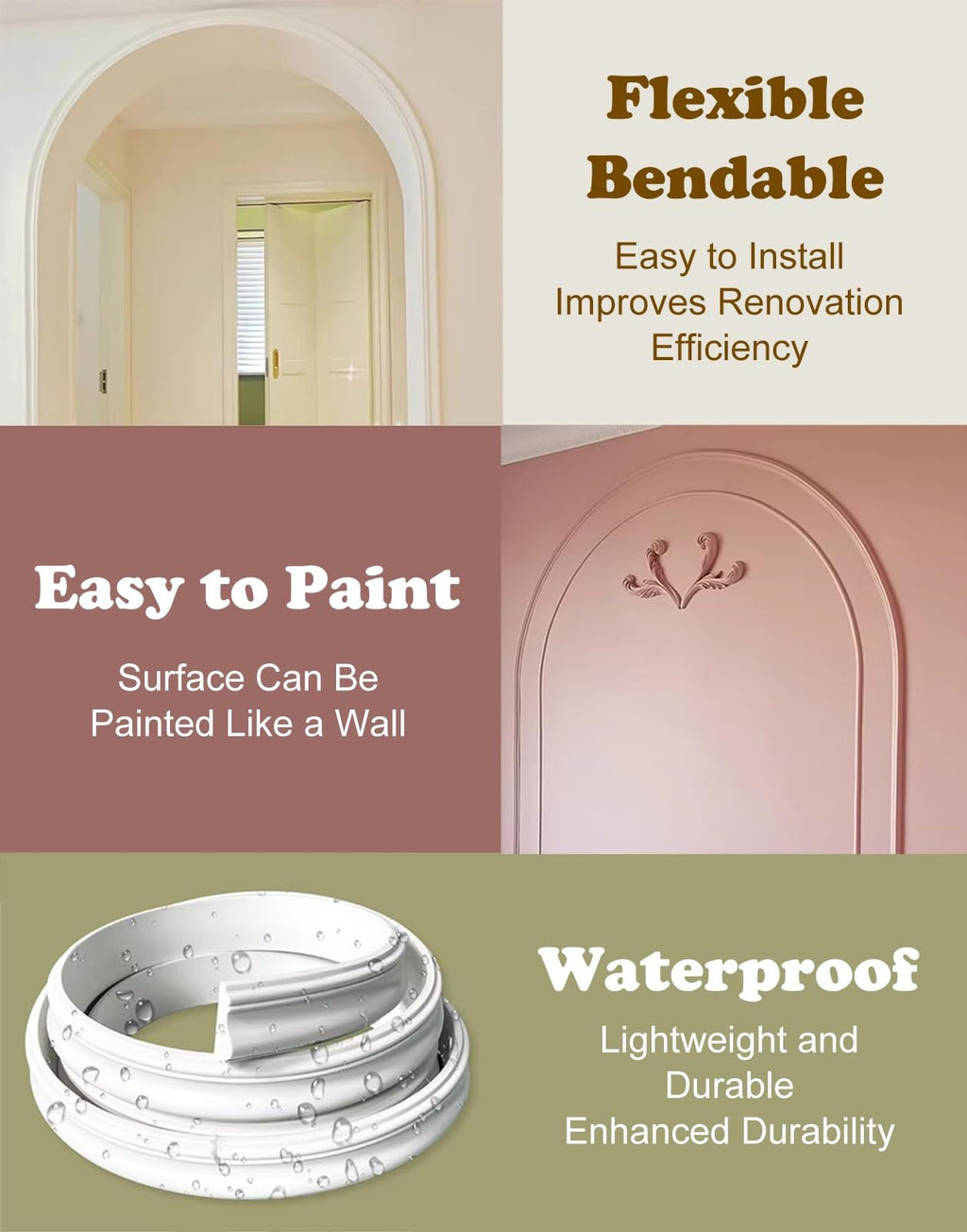 Flexible Bendable Arch Wall Molding, Wall Decor Trim Lines for Doorway/Door Frame/Ceiling, Curved to Fit Round