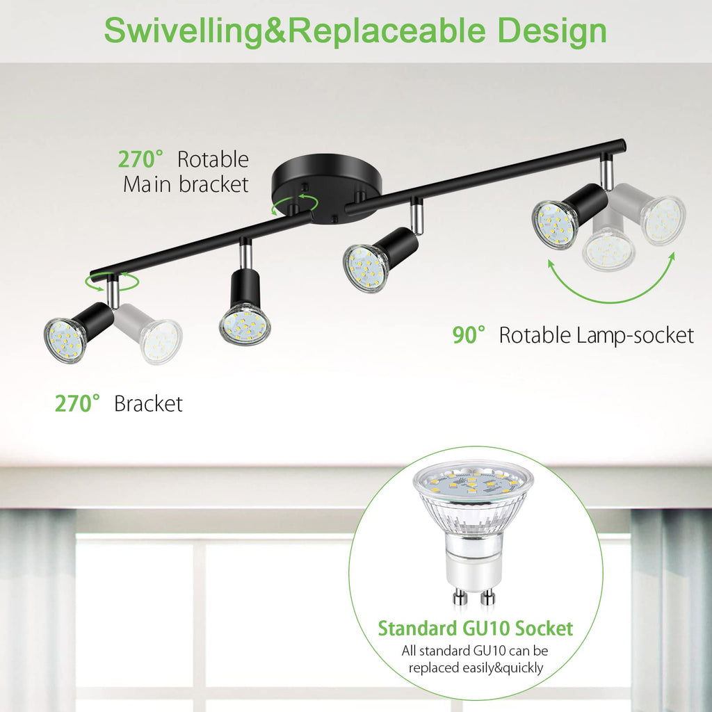 LED 4 Light Track Lighting Kit, 24.8'' Black 4 Way Ceiling Spot Lighting, Flexibly Rotatable Head, Track Light