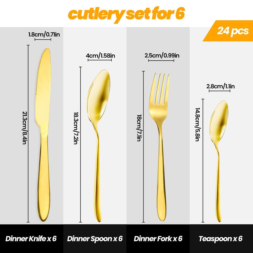 24 Piece Gold Silverware Set, Stainless Steel Flatware Set Include Knife Fork Spoon Set, Mirror Polished Cutlery Set