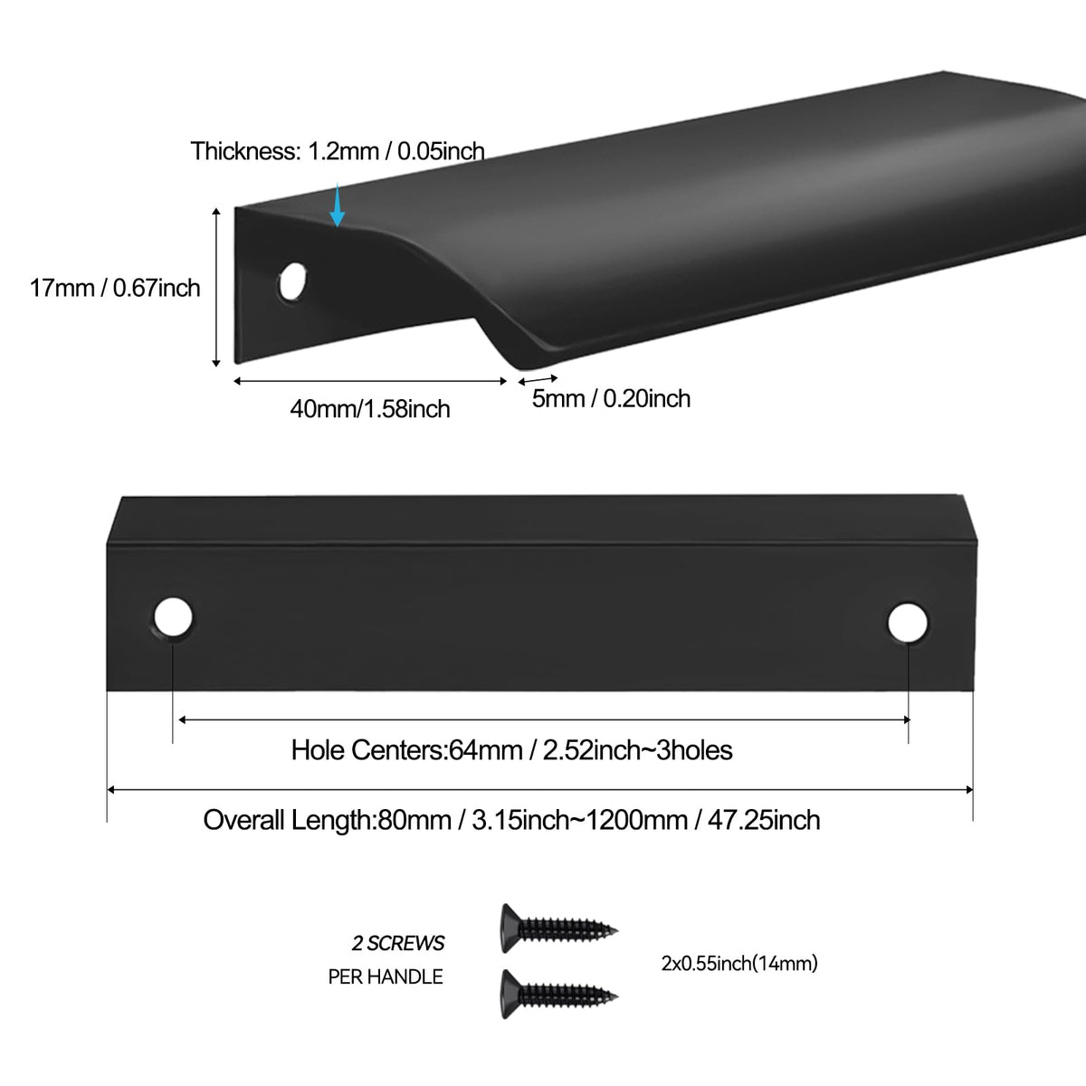 Finger Pulls for Cabinet Drawer Wardrobe(2, Black, 300mm/11.82inch)