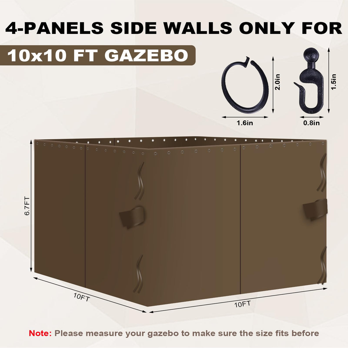 10x10 Gazebo Curtains Outdoor Waterproof, 4 Panel Sidewalls, Mocha