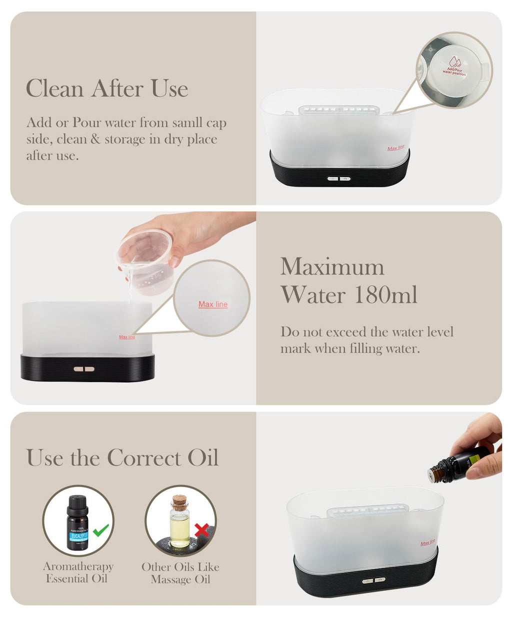 Essential Oil Diffuser, Humidifier with 7 Colors Flame Light
