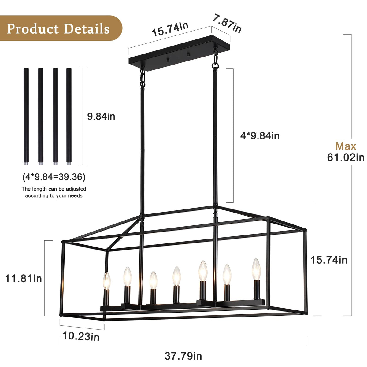 38" 7-Light Black Large Modern Farmhouse Rectangular Chandelier