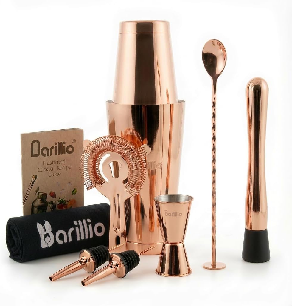 Rose Gold Boston Shaker Set - Stainless-Steel, Weighted Martini Cocktail Shaker Set w/Strainer & Mixer - Mixology - Set of 9