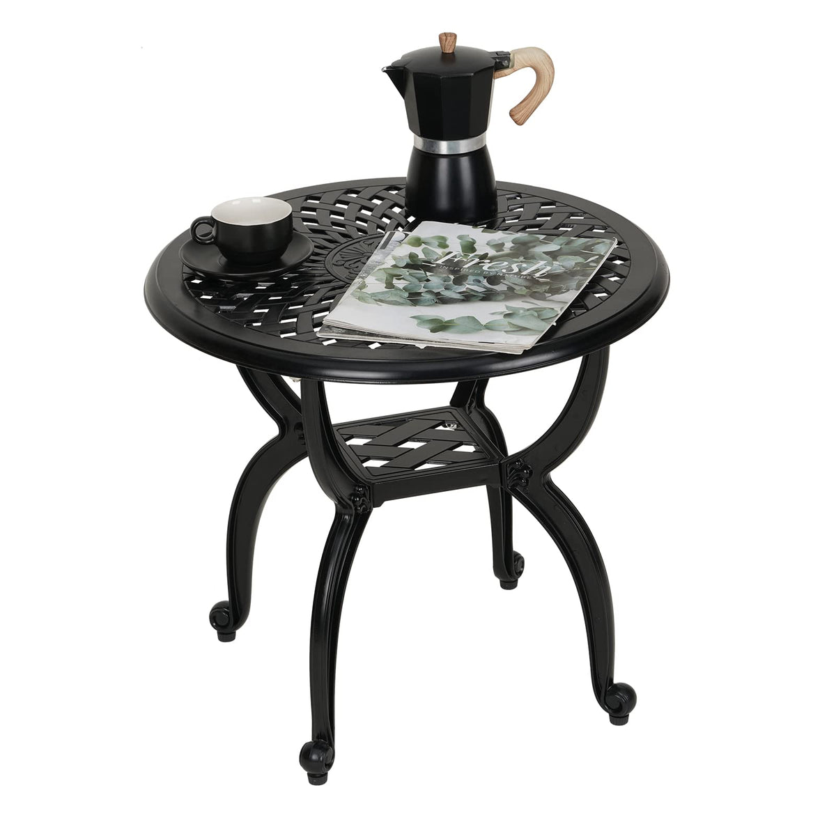 Cast Aluminum Side/End Table, Anti-Rust Coffee Bistro Table for Outdoor, Patio, Indoor, Garden, Porch, Balcony (Round