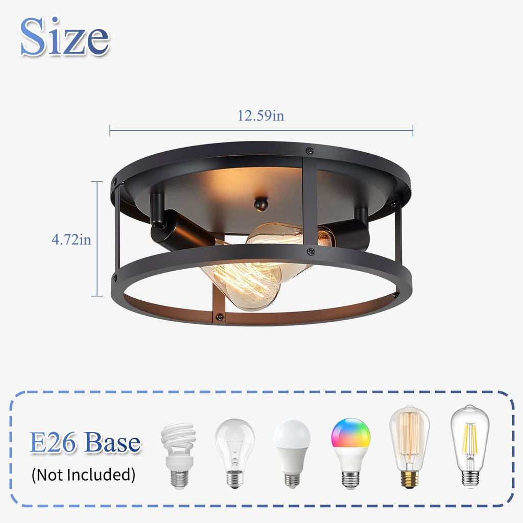 2 Pack Flush Mount Ceiling Light, 13 Inch Industrial Farmhouse Ceiling Light Fixture, 2-Light Matte Black Flush Mount