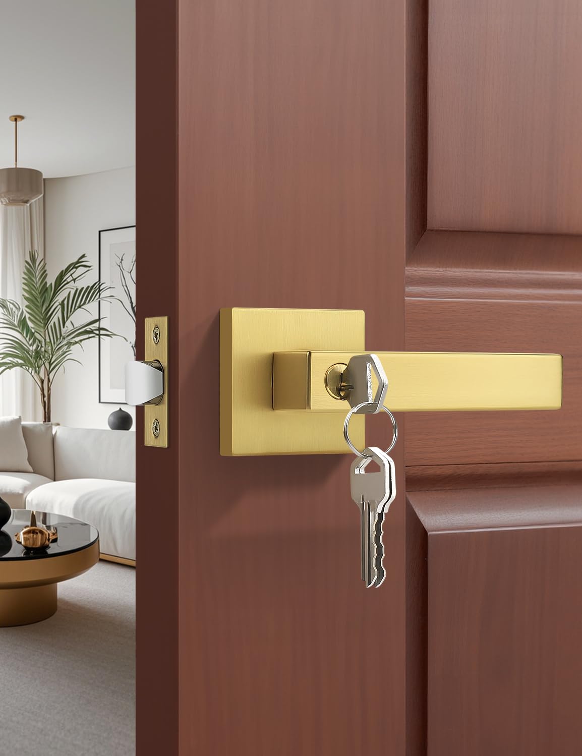 Keyed Alike Entry Door Handle Gold Door Handles Heavy Duty Entrance Door Lock Reversible Square Door Lever or Front