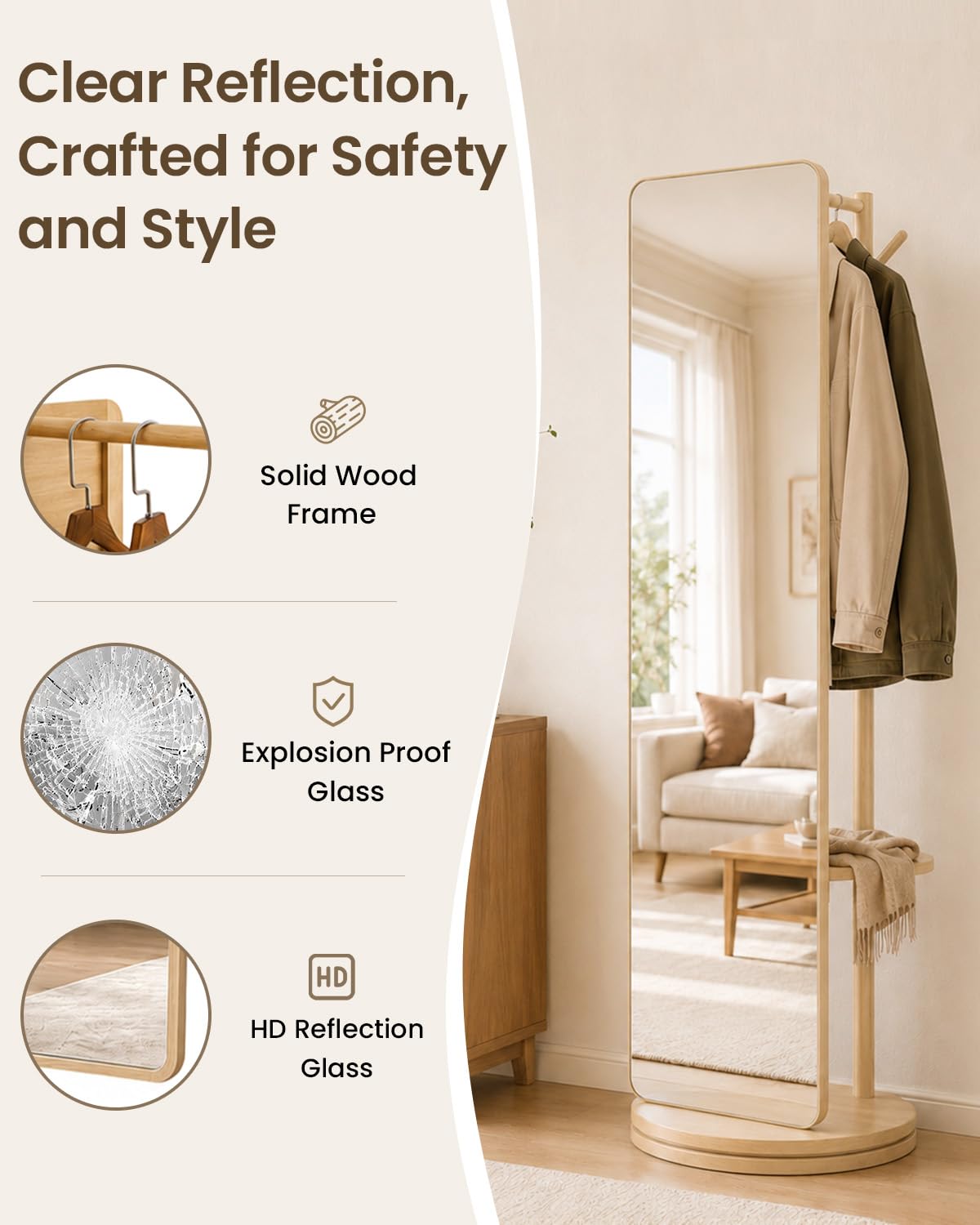 69" x 19" Rotating Full Length Mirror with Coat Rack Storage