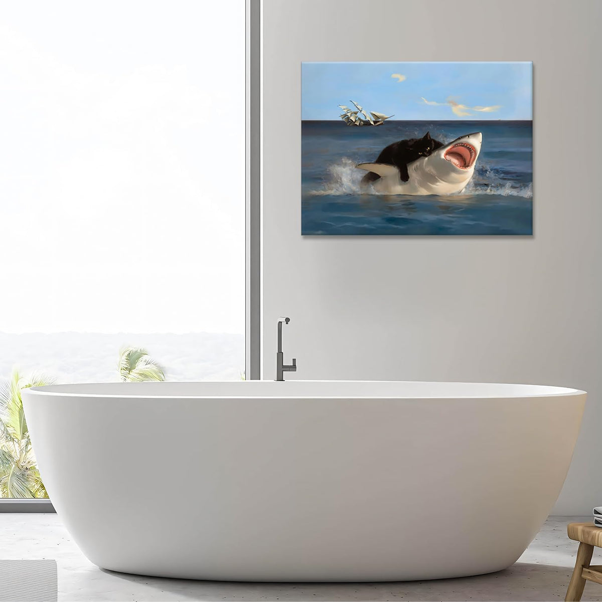 Framed Black Cat Bathroom Wall Art, Funny Quirky Cat and Shark Pictures Canvas Print, Abstract Black Cat Shark