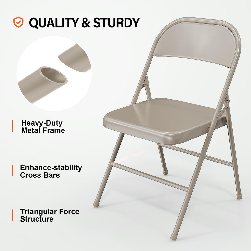 Folding Chairs All Steel Metal Frame, Capacity 350 lbs, Durable Portable and Versatile for Indoor Outdoor Use, Khaki