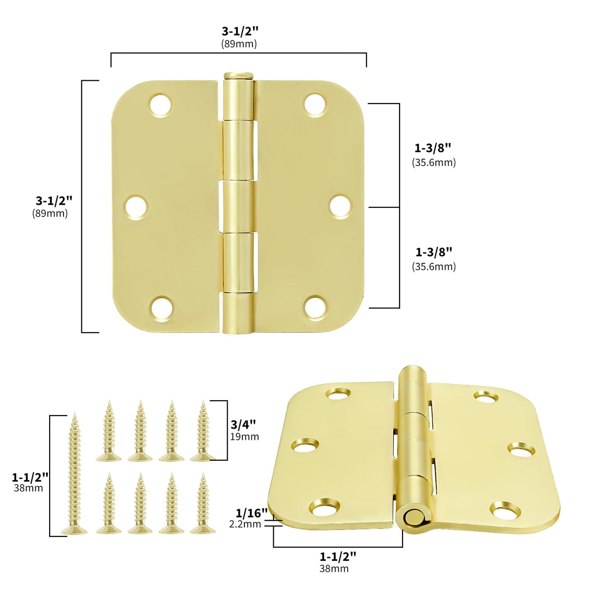 3.5 Inch 6 Pack Gold Door Hinges with 5/8" Radius Corners