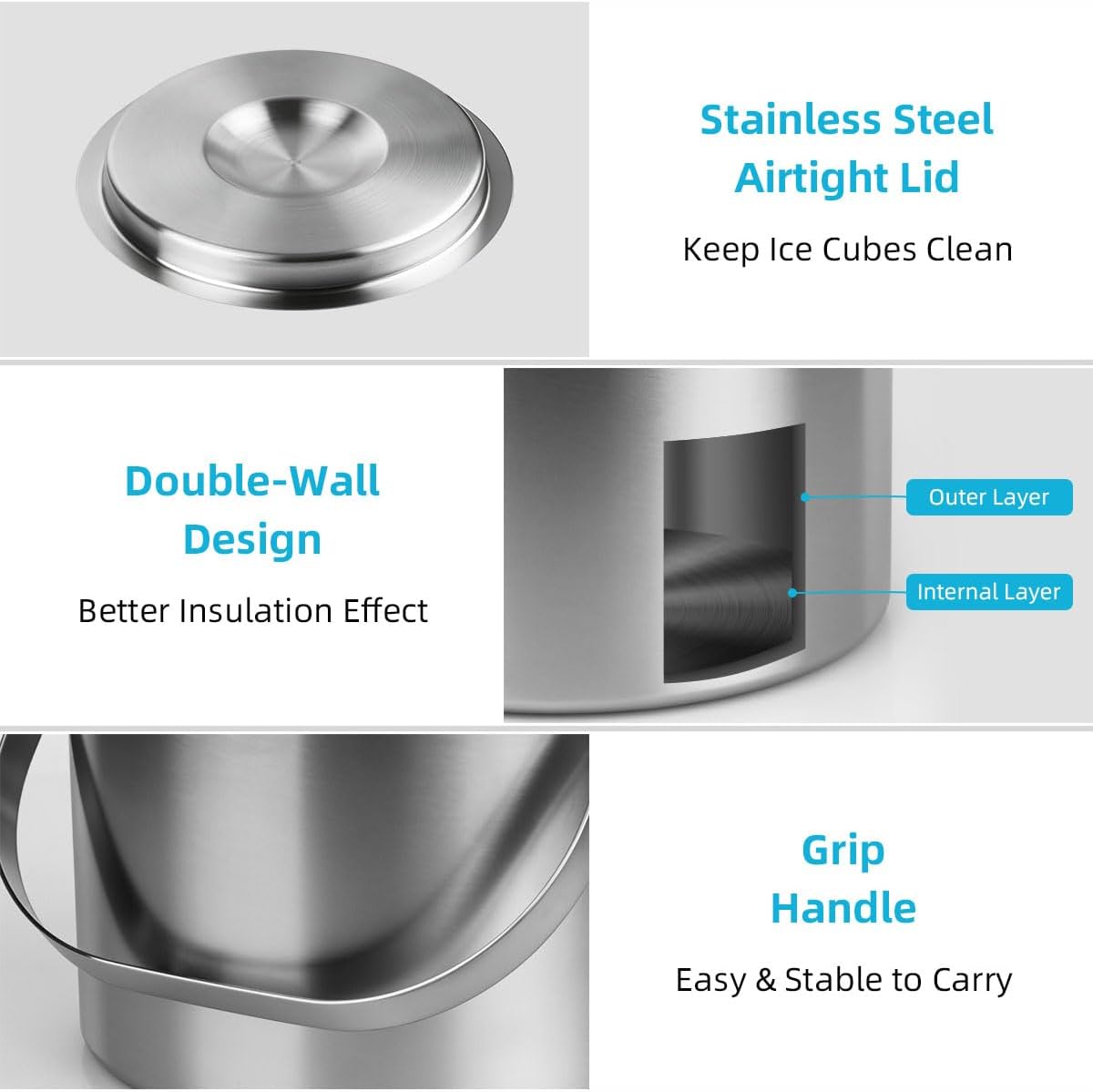 3L Double-Wall Stainless Steel Ice Bucket with Lid & Tongs