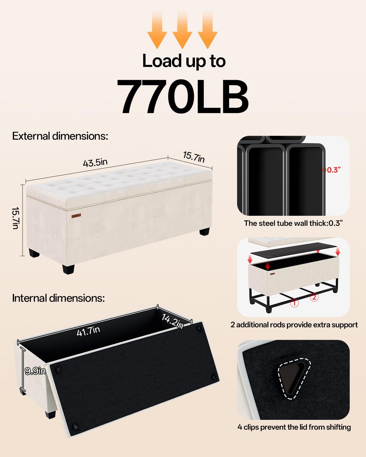 Velvet Storage ottoman bench with legs,43.5"W x 15.7"D x 15.7"H,metal frame end of bed bench hold up to 770 LB,Large