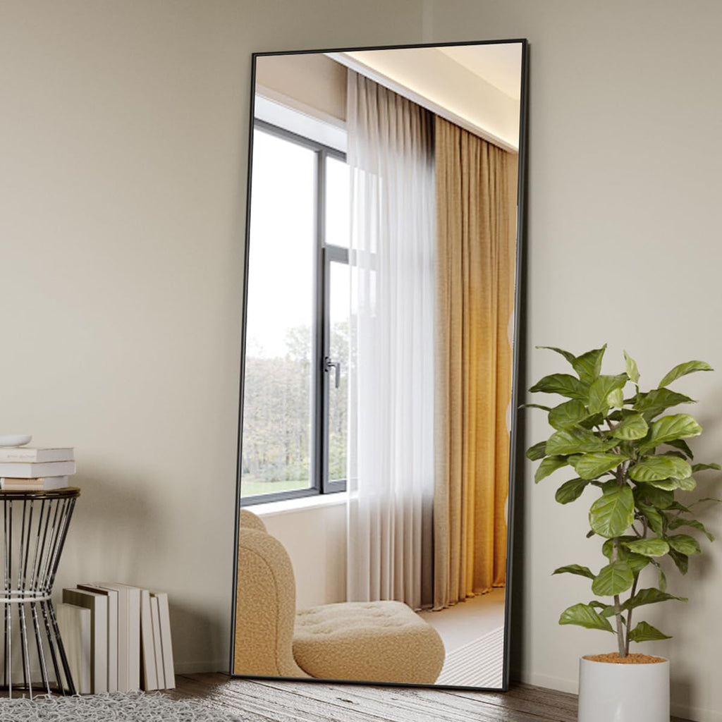 71"x26" Floor Mirror Full Length, Bedroom Floor Body Mirror with Stand, Large Black Mirror, Leaning, Standing or