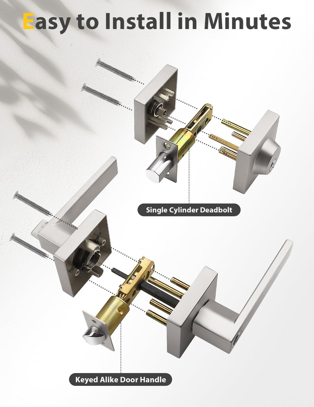 6 Pack Brushed Nickel Keyed Alike Front/Exterior Door Lever with Single Cylinder Deadbolt, Square Entry Door Knob