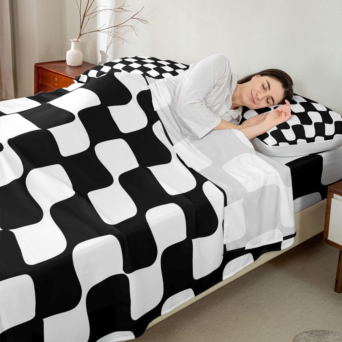 Checkered Grid Bed Sheets Set Buffalo Plaid Deep Pocket Fitted Sheet Black White Bedding Sets Geometric
