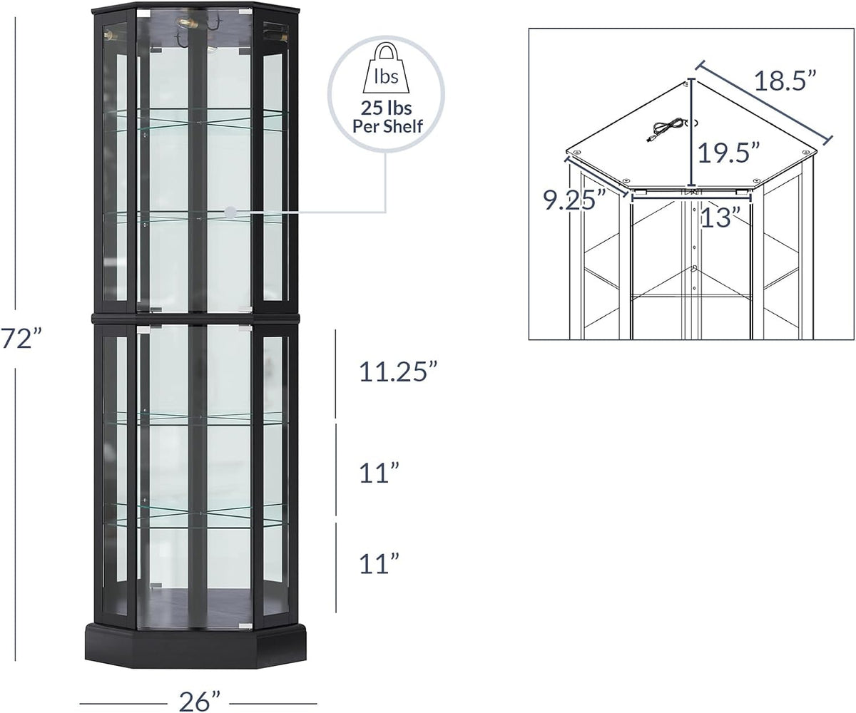Lighted 3-Side Glass Display Curio Cabinet with Tempered Glass Doors and Shelves, Curved Wood Corner Cabinet with