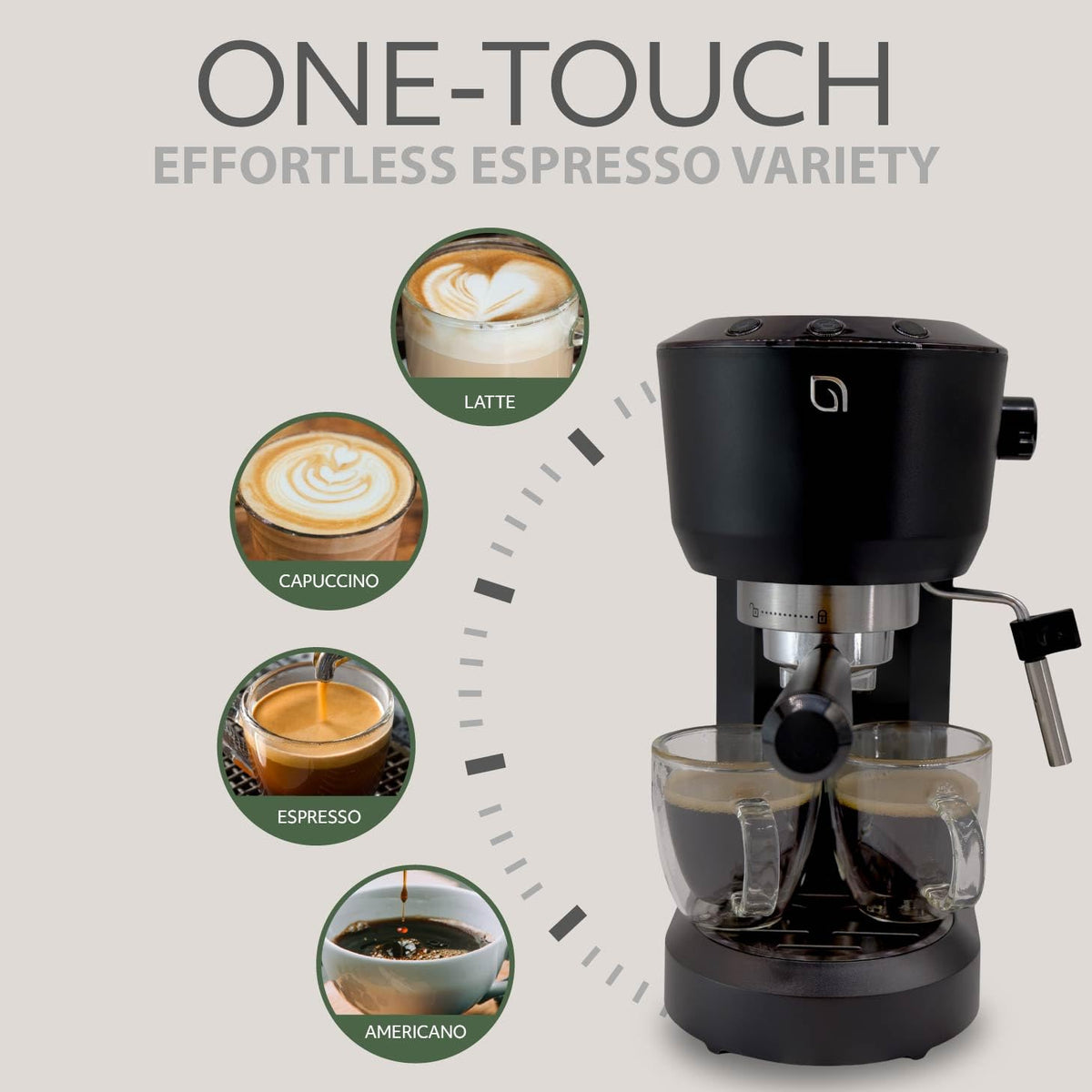 Eco Series Espresso Machine 15 Bar with Milk Frother Steam Wand, Built-In Tamper & Hot Water Dispenser, 1350W
