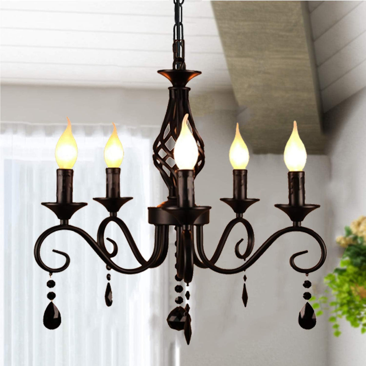Five-Light Black Farmhouse Chandelier with Crystal Candle Accents