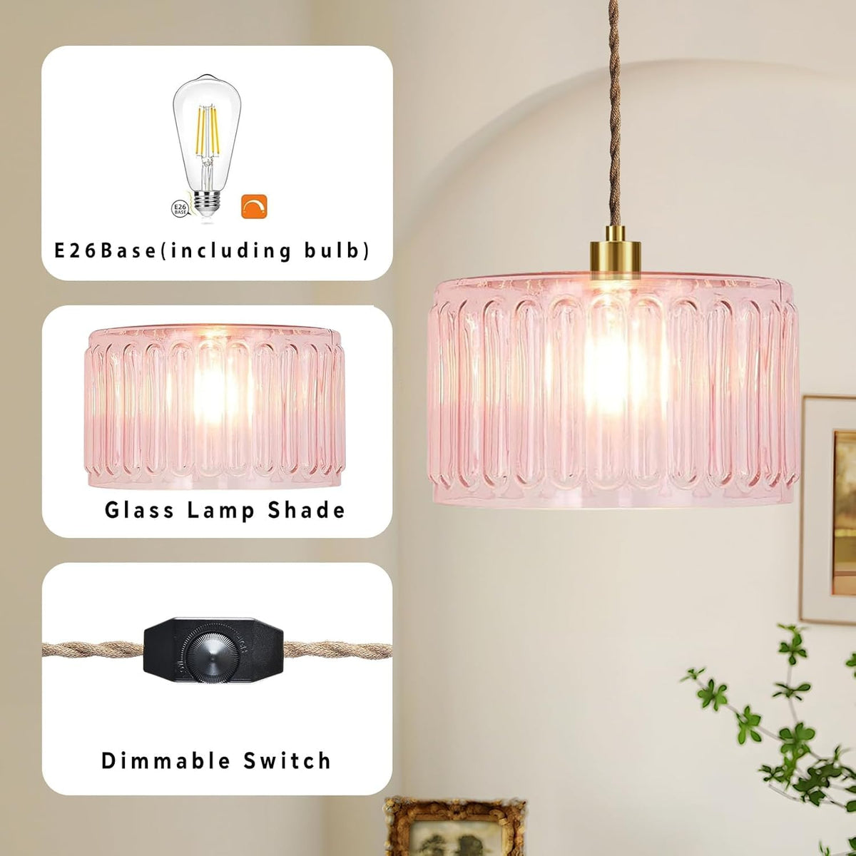 Pink Plug in Pendant Light Glass Hanging Lights with Plug in Cord Boho Hanging Lamp Gold Mid Century Modern Dimmable