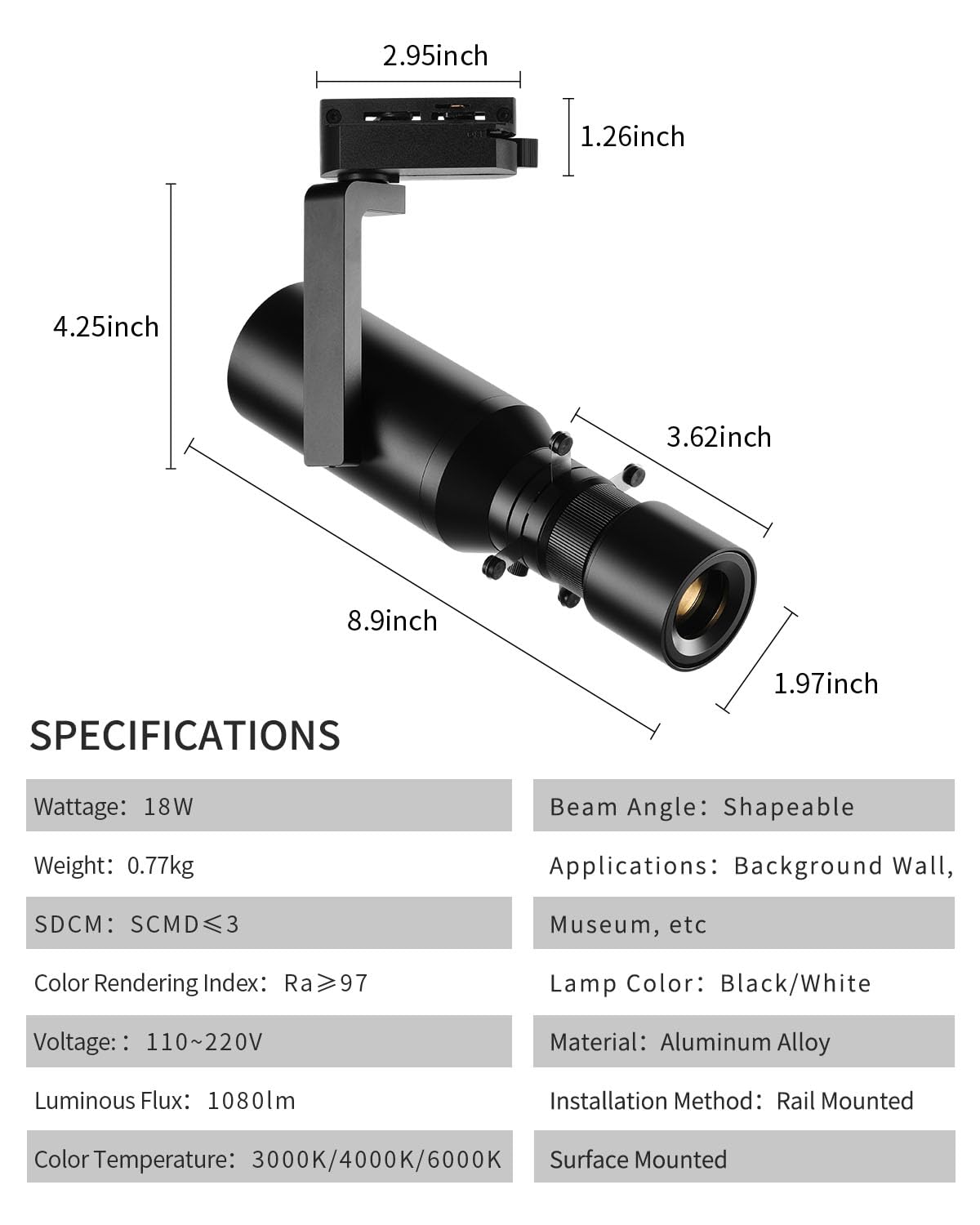 LED Lighting Heads, Spot Light Indoor, 18W Shapeable Light, Track Light Adjustable Aperture Shape for Museum Art