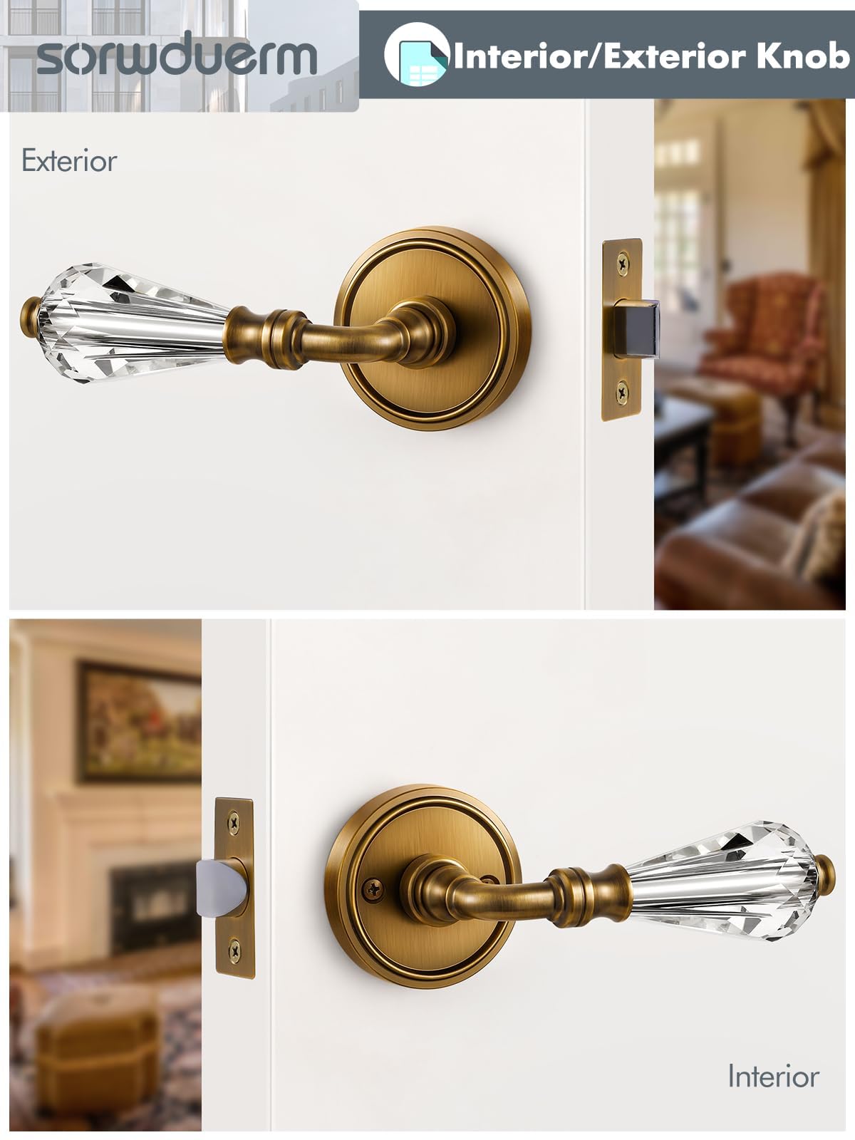 1 Pack Antique Brass Glass Door Lever Passage Crystal Door Levers Door Lever Interior Door Handle for Hall and