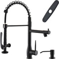 Matte Black Commercial Kitchen Faucet with Pull Down Sprayer | Soap Dispenser Included, Commercial Style, Double Head