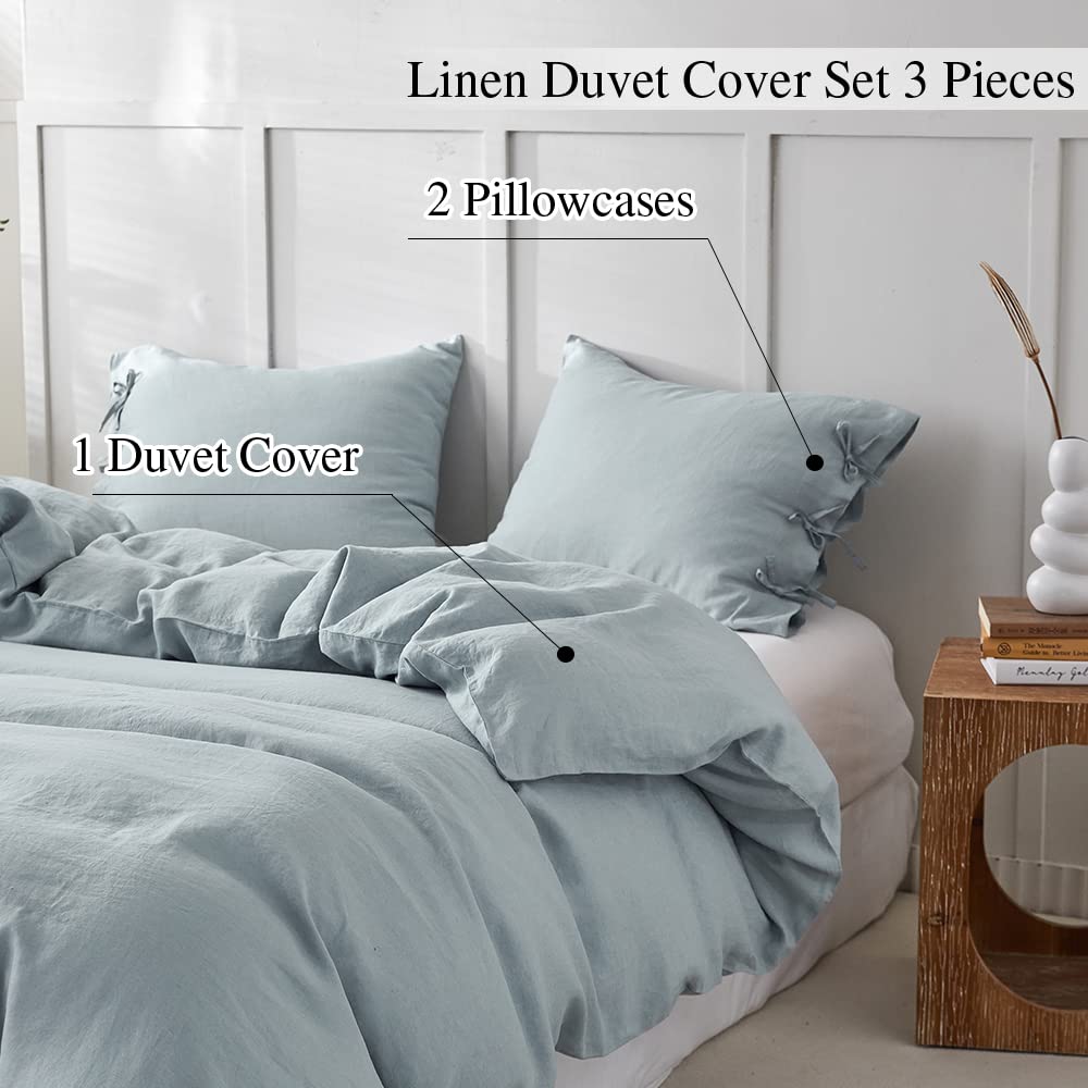 100% Linen Duvet Cover Set 3pcs with Bowknot Ties Closure Natural French Washed Flax Solid Color Soft Breathable